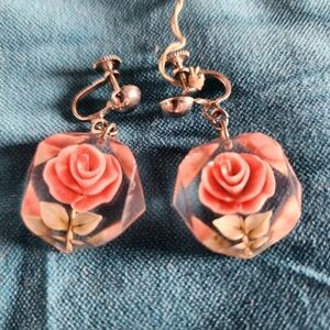 Vintage Lucite Rose Earrings Screw On